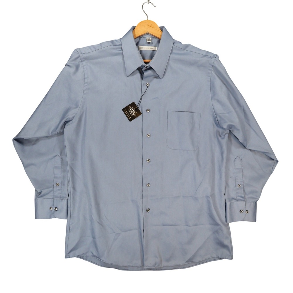 Geoffrey Beene Dress Shirt Mens Large Blue Excellent Sateen Wrinkle Free
